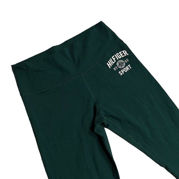 Tommy Hilfiger Leggings Women’s L‎ Green Crop Collegiate Logo High Waist Crest - Picture 1 of 10
